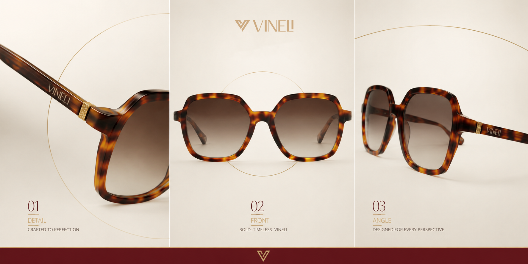 VINELI Babri tortoise eyewear — detail, front and angle views
